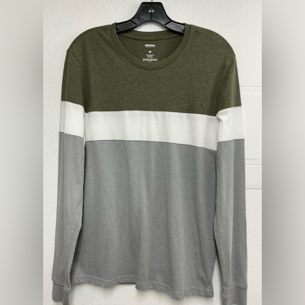 Sonoma Men's Olive, White, and Gray Long Sleeve Tee